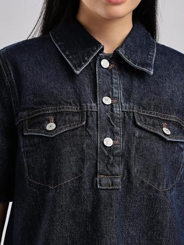 Calvin Klein Jeans Women's Cotton A-Line Above The Knee Casual Dress (47B073G401_Dark Ck Blue