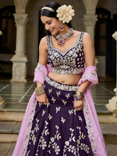 Zeel Clothing Women's Zari Sequins Embroidered Work Rangoli Silk Lehenga Choli With Dupatta (5139-Purple-Women-Lehenga-Choli; Free size)