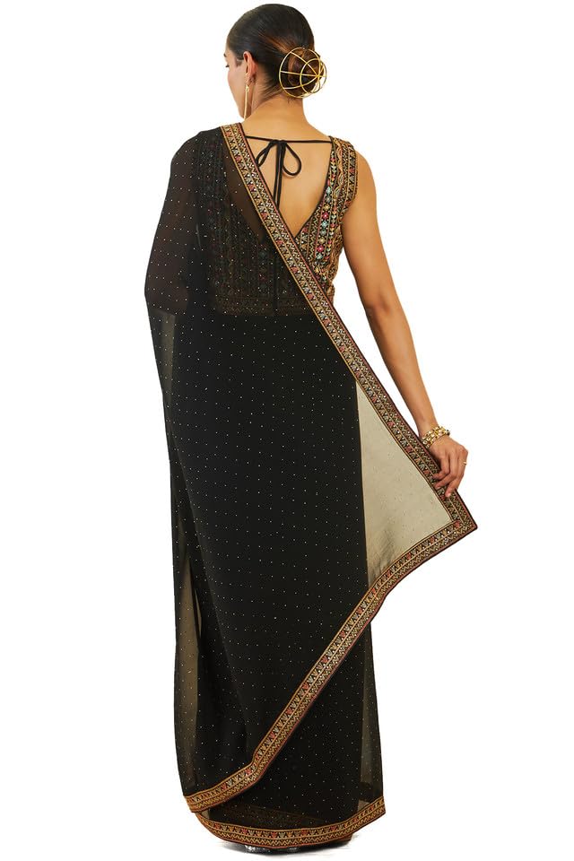 Soch Womens Black Georgette Saree With Stones And Embroidery