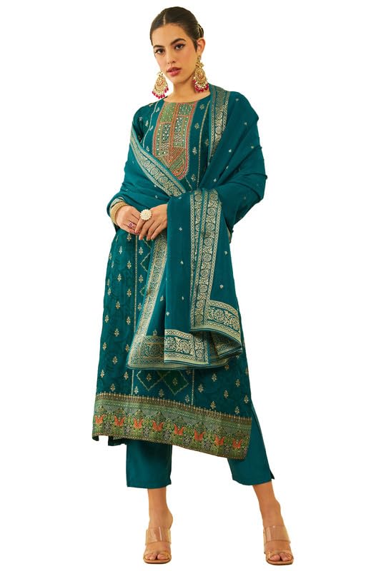 Soch Womens Green Brocade Kantha Print Suit Set with Cutdana Work