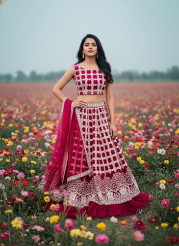 VARNI FABRICS Women's Pink Embroidered Lehenga Choli With Dupatta, Embroidery Pattern, Bridal Wear, Semi-Stitched