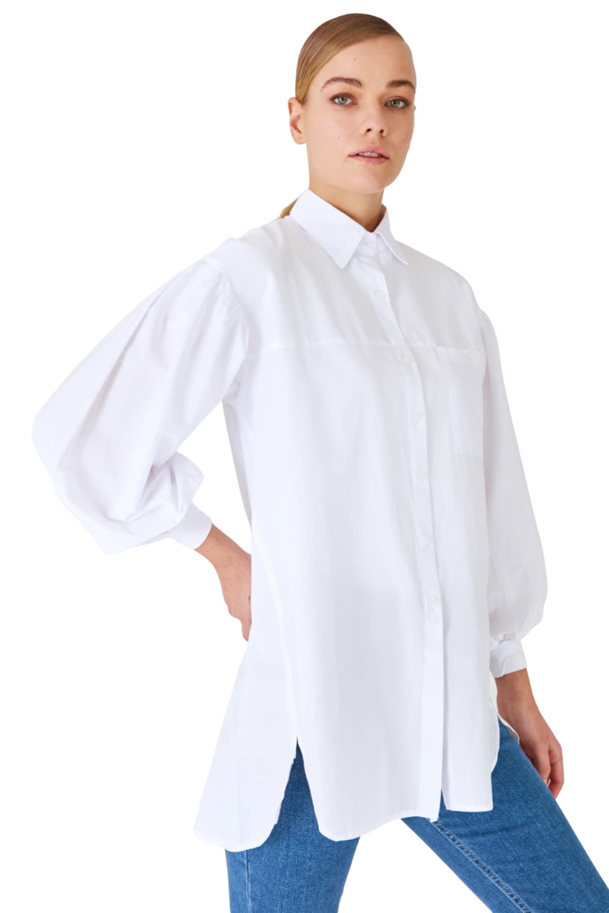 Trendyol Women Hijab Clothing Relaxed Fit Basic Shirt Collar Woven Modest Shirt, White, 38