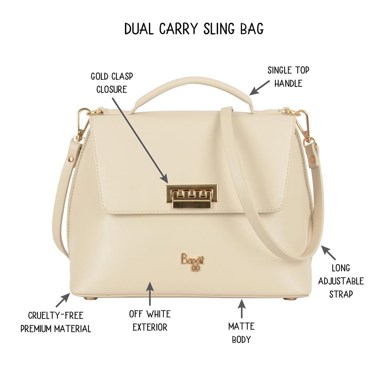 Baggit Women White Sling Bag Small Size | Ladies Stylish Casual Cross Body Purse Handbag