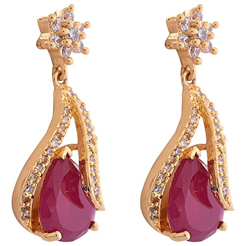 RATNAVALI JEWELS Red American Diamond Traditional Ruby Necklace Pendant Set with Earring for Women