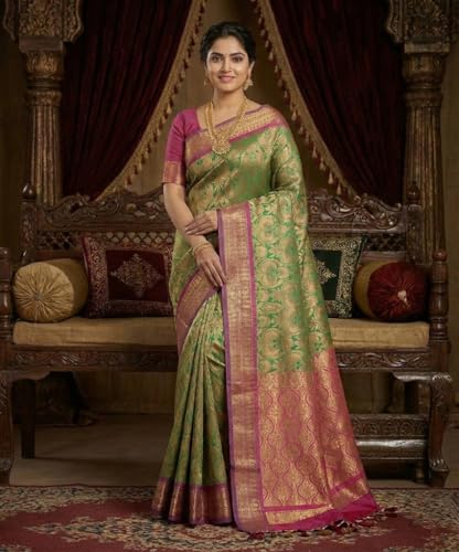 SREE KUMARAN Women's Kanchipuram Kubera Brocade Silk Pure Pattu Sarees With Blouse (VSK433-3)
