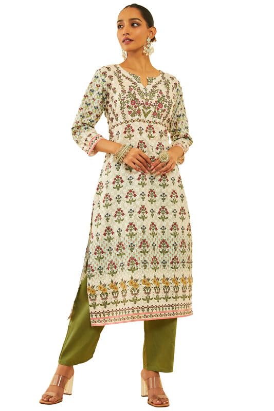 Soch Womens Cream Cotton Blend Floral Print With Embroidered Suit Set