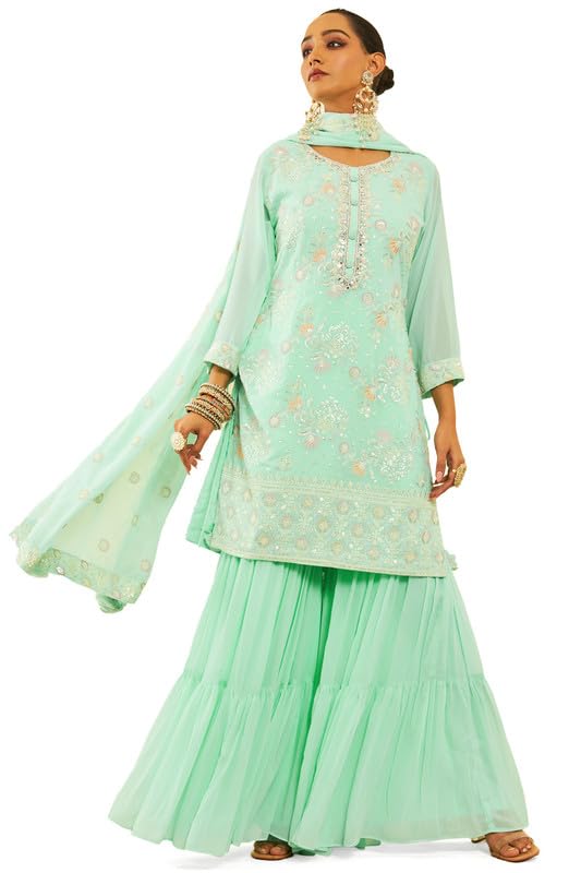 Soch Womens Sea Green Georgette Sequinned Embellished Suit Set with Tie-Ups