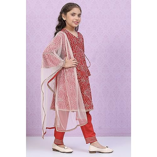 BIBA Rayon Girl Printed Straight Kid Kurta Pant With Dupatta Set (Kw4852_Red_13)