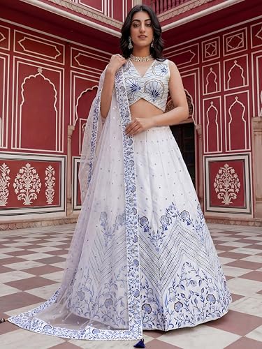 Zeel Clothing Women's Sequins Thread Embroidered Satin Designer Lehenga Choli With Dupatta (7079-White-Women-Lehenga-Choli-Set; Free Size)