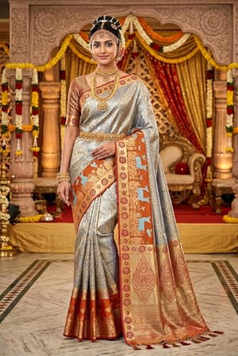 VFCollections Women's Traditional Handloom Kanchipuram Silk Pure Pattu Sarees | Rich Zari Woven Design | Unstitched Blouse (VFC459-2)