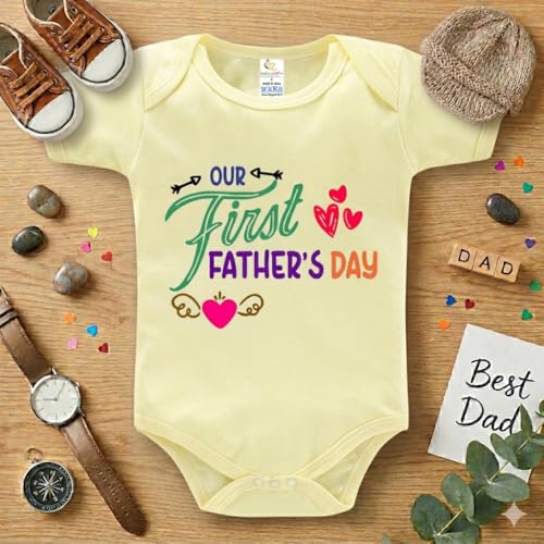 baby wish Father's day Baby Unisex Bodysuits Newborn Romper Half Sleeve Envelope Neck Cute Outfit OUR FIRST FATHER DAY FAMILY YELLOW