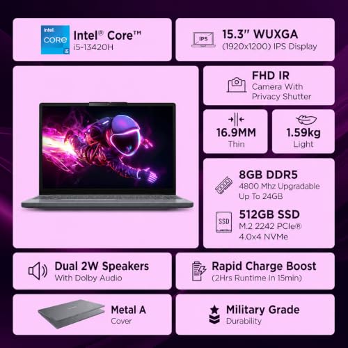 Lenovo IdeaPad Slim 3 13th Gen Intel Core i5-13420H 15.3 inch (38.8cm) WUXGA IPS Laptop (8GB RAM/512GB SSD/Windows 11/MSO 365 Basic + Office 2024/Top Metal Cover/Backlit KB/Grey/1.6Kg), 83K101MFIN
