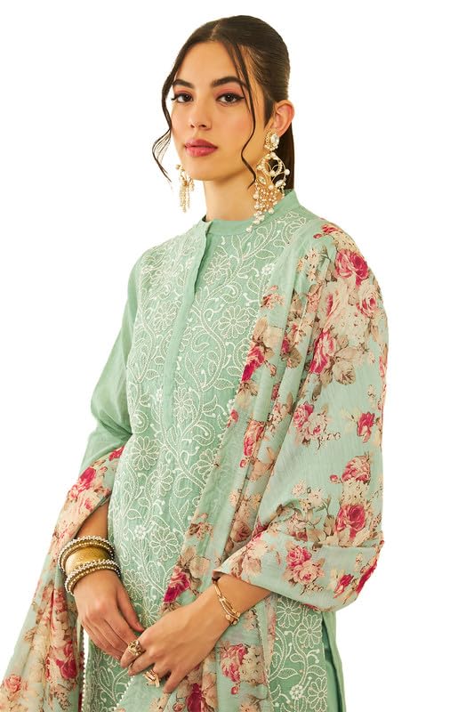 Soch Womens Sea Green Chanderi Chikankari Embroidered Suit Set With Sequins