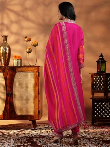 Libas Womens Printed Silk Blend Straight Kurta With Trousers and Dupatta