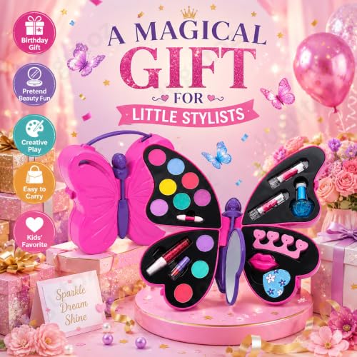 Jugutoz 2-in-1 Butterfly Makeup & Nail Art Kit for Kids | Big Pretend Play Beauty Case | Non-Toxic Cosmetic Set with Nail Accessories | Gift for Boys & Girls