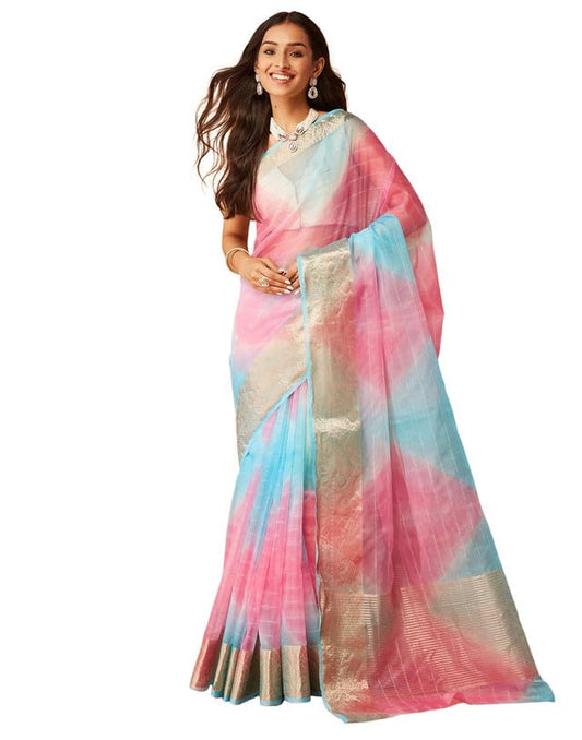 SIRIL Women's Organza Jacquard Saree | Woven Zari Stripe Saree With Unstitched Blouse Piece (3644S429A_Blue & Pink)