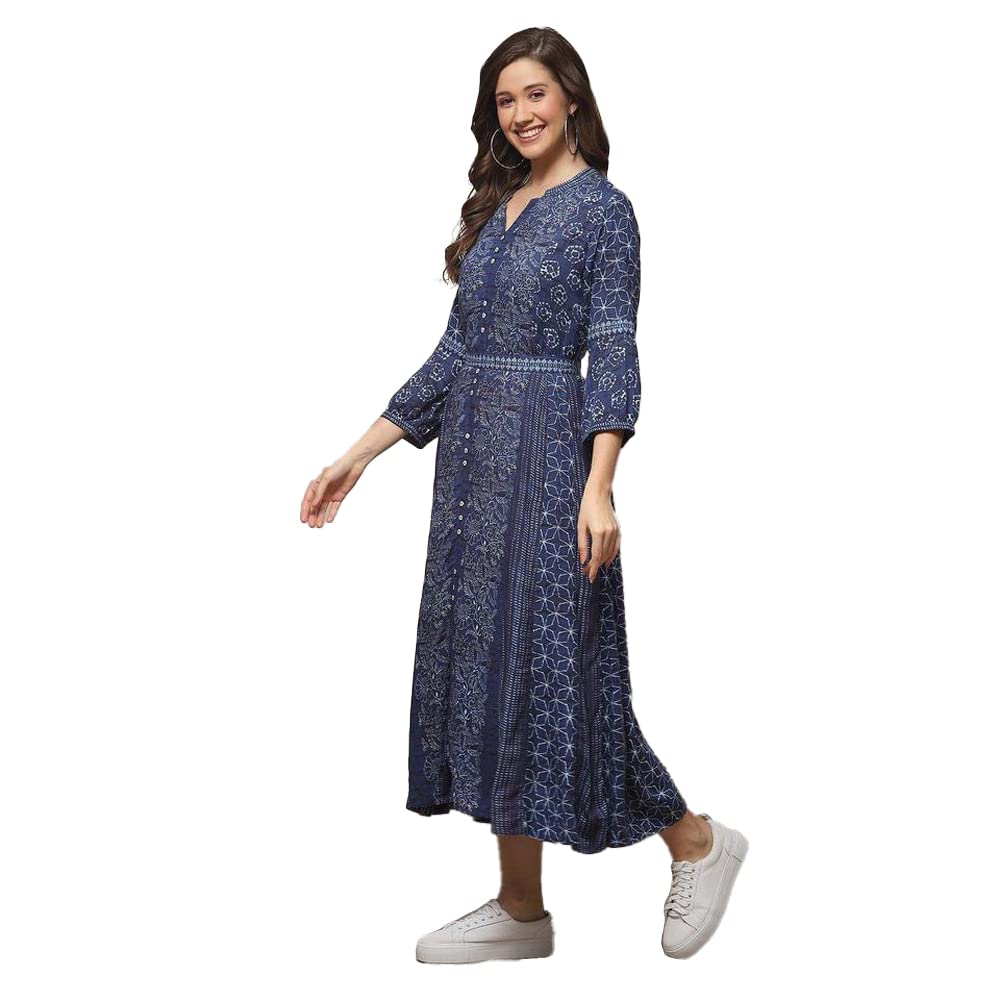 BIBA Women's Indigo Rayon A-Line Printed Dress