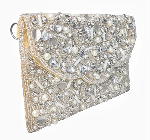 DUCHESS White Beads Crystal Handicraft Stunning Wedding Evening Party Clutch For Girls and Women's