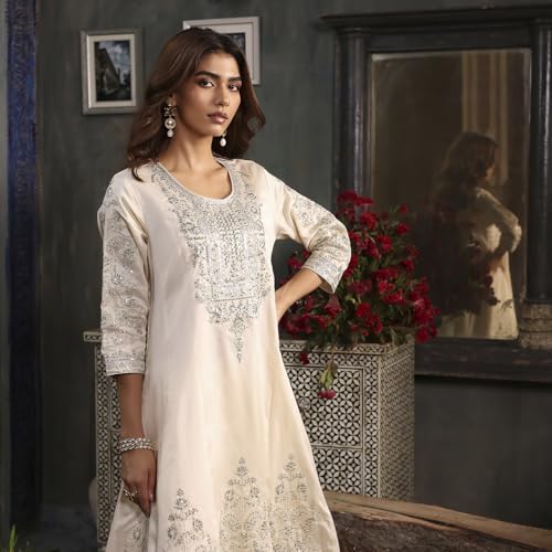 BIBA Women Off-White Cotton Silk Embroidered Kalidar Suit Set_42
