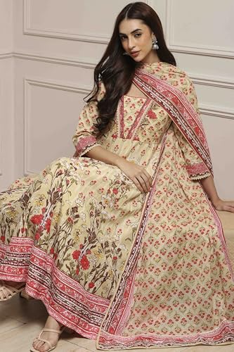 Biba Women Off White-Pink Cotton Anarkali Printed Suit Set_32
