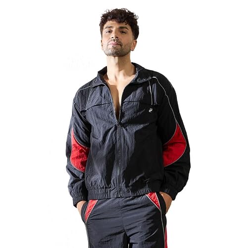 FUGAZEE Black & Red Crinkle Windbreaker Jacket for Men | Reflective Piping | Turtle Neck | Zipped Closure | Lightweight Polyester | Stylish Cut & Sew Design - XXL