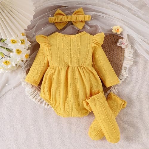 Hopscotch Baby Girls Textured Print Full Sleeves Yellow Bodysuits For Ages (9-12 Months)