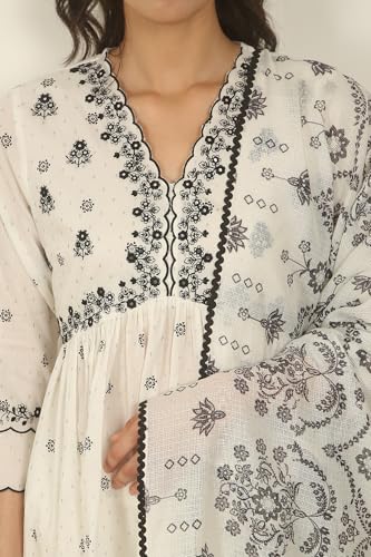 W for Woman White Printed Thread Embroidered Chanderi Kurta, Pants and Kota Dupatta (Size: 2XL)-WS12713-125553
