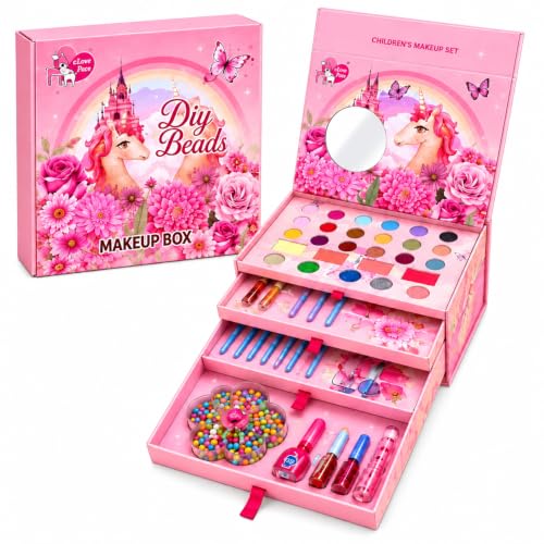 ZYCRONIX Kids Makeup Kit for Girls with DIY Beads, Multi-Layer Unicorn Makeup Box with Eyeshadow, Blush, Glitter, Lipstick, Lip Balm, Nail Polish, Brushes & Jewellery Making Set, Birthday Gift