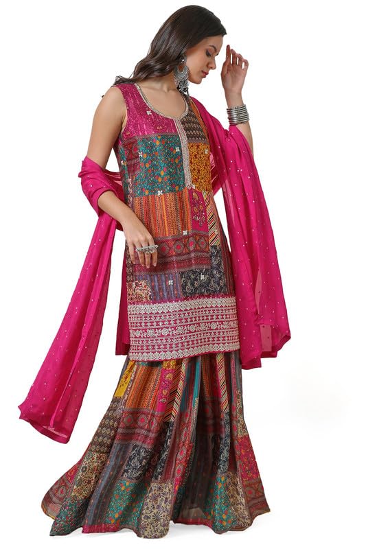 Soch Womens Fuchsia Chinon Abstract Print Suit Set with Zardosi
