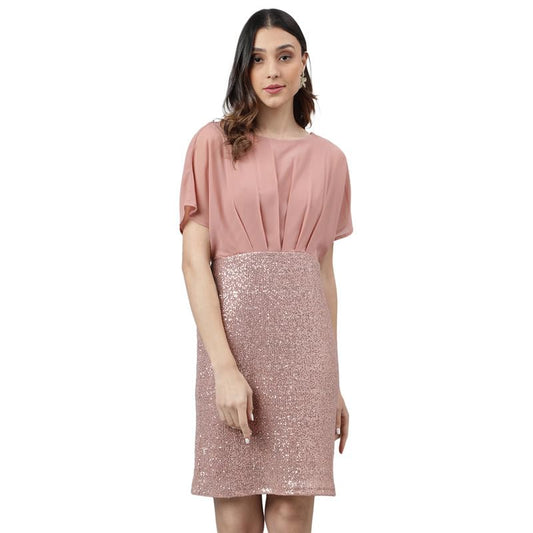 Latin Quarters Women's Pink Half Sleeves Embellished Short Dress_S