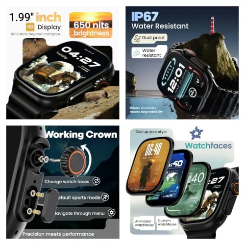 Mens & Womens Smartwatch | Bluetooth Calling | 1.99" HD Touch Display | 1-Game | Calculator | Calander | Fitness & Sports Mode | Waterproof | Change Wallpaper | B+C4 | (Black/Orange Straps)