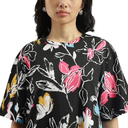 United Colors of Benetton Round Neck Floral Print Dress (Size: XXL)-25A3SOCPT733I901 Black