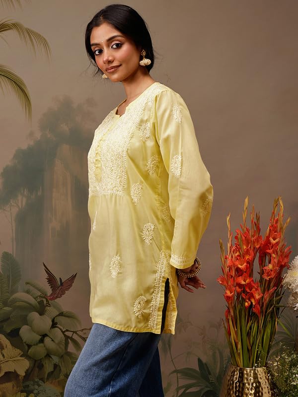 Ada Hand Embroidered Yellow Cotton Short Kurta Kurti Lucknow Chikankari Top Tunic for Women A911464 (2XL)