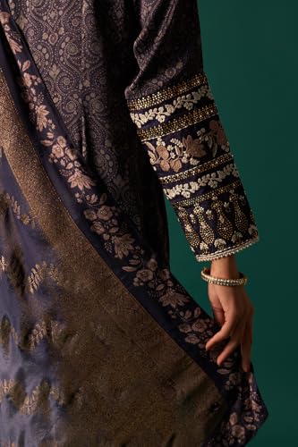 Wishful Women's navy Blue Floral Printed Embroidered Straight Modal Satin Kurta with Parallel Pants and Dupatta Set (SP12624-125649-XS)