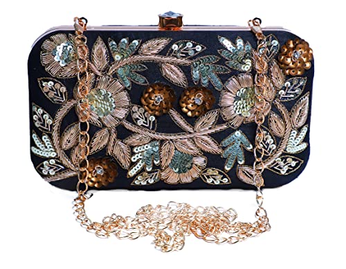 SWISNI Women's Elegant Flower Zardosi Embroiery Black Clutch | Raw Silk | 8X4 Inch Clutch Purse For Bridal, Casual, Party, Wedding, Evening, Gift