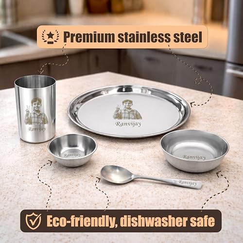 Savri Personalized Stainless Steel Dinner Set for Kids –Custom Laser Photo Printed Plate, Bowl,Glass & Spoon with Name & Cartoon Design | 5-Piece Kids Meal Set | Birthday, Return & Daily Gift (Silver)