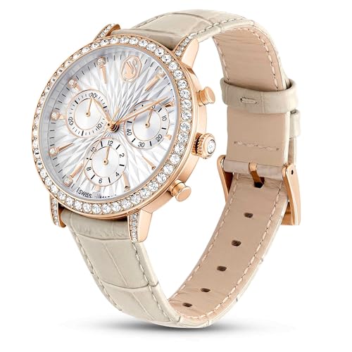 Swarovski Matrix Tennis Chrono Watch, Swiss Made, Leather Strap, Beige, Rose Gold-Tone Finish, Beige, Strap