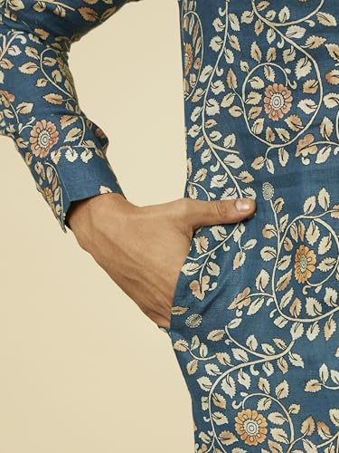 Manyavar Men's Teal Blue Bel Buti Patterned Kurta (M)
