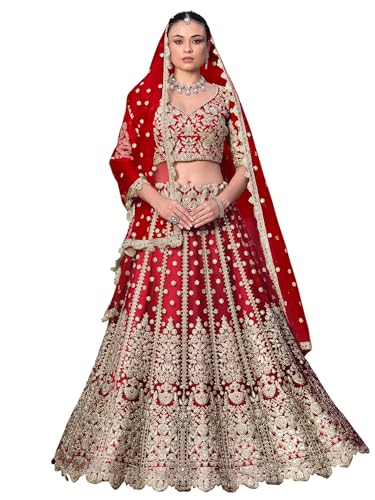 Zeel Clothing Women's Zari Sequins Embroidered Work Soft Net Lehenga Choli With Dupatta (6013-Women-Lehenga-Choli-Latest; Free size) (Yellow) (Red)