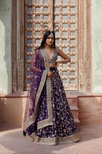 JIHU CULTURE Women's Purple Sequins Embroidered Georgette Semi-Stitched Lehenga Choli