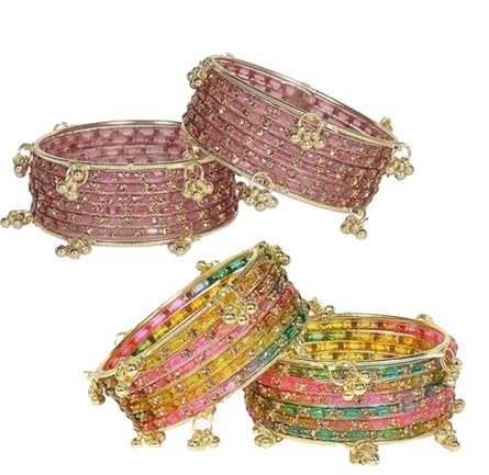 Swara Creations Kashmiri Ghungroo Raindrop Bangles Multi & Light Pink Colour Combo set