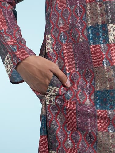DIWAS BY MANYAVAR Men's Art Silk Printed Festive Kurta Set (2pc) (Maroon, M)
