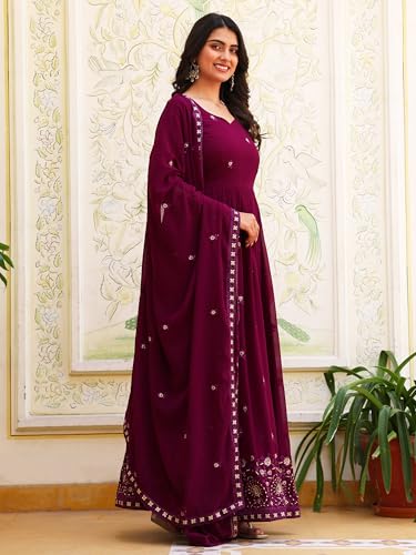 Fashion Basket Georgette Embroidered Anarkali Dress for Women Purple