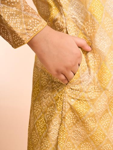 Manyavar Boys Cotton Blend Bandhani Printed & Thread Embroidery Kurta Pyjama Set (Mustard,4-5Y)