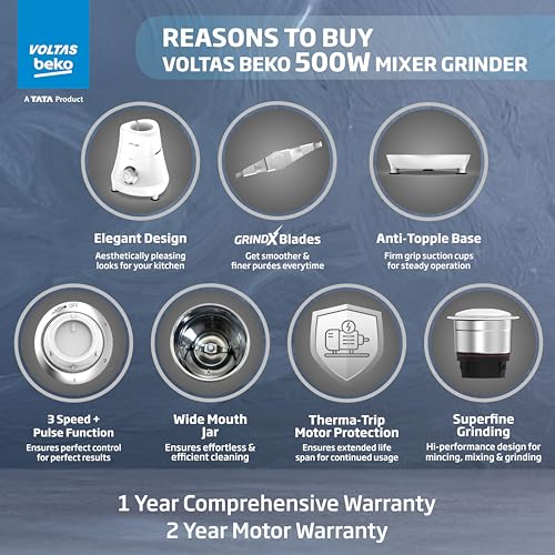 Voltas Beko, A Tata Product Powerfull 500 W Mixer Grinder with GrindX Technology (G5003HP-WH | 3 Jars | White)