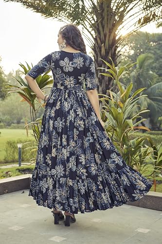 Samprag Rayon Gown for Women | Full Length | Printed | Fit & Flare | 3/4Th Sleeves | V Neck | Stylish | Ideal for Casual, Formal & Party Occassions | Blue | S