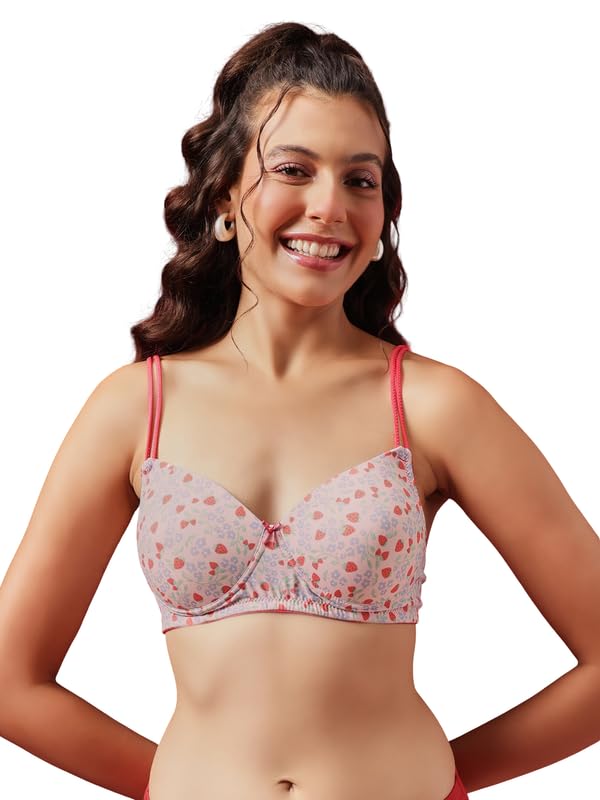 Clovia Women's Printed Padded Non-Wired T-Shirt Bra with Adjustable Satin Dual Straps - Pink