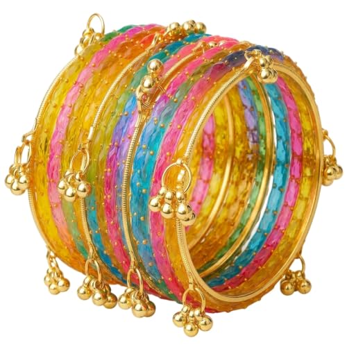 JPS 16 Pcs Trendy Stylish Raindrop Glass & Kashmiri Ghungroo Bangles Set for Women & Girls | Gold-Plated Traditional Festive Wedding Party Jewellery Chudi Set (12 Glass + 4 Metal) (Multi Super, 2-8 Combo)