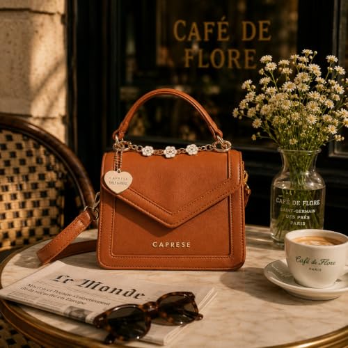 Caprese X Emily in Paris Tiara Small Satchel - Premium Textured Faux Leather Handbag for Women with Multi-Compartment Interior, Adjustable Detachable Strap & Exclusive Chain Flower Charm