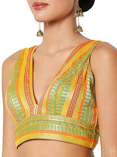 SALWAR STUDIO S Women's Yellow Multi Brocade Self Design Readymade Saree Blouse-SSB4195-YMLT